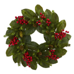 Nearly Natural 24inH Magnolia Leaf, Berry And Pine Artificial Wreath, 24in x 24in, Green