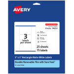 Avery Durable Removable Labels With Sure Feed, 94213-DRF25, Rectangle, 3in x 5in, White, Pack Of 75