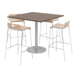 KFI Studios Square Bistro Pedestal Table With 4 Stacking Bar Stools, Studio Teak/Natural