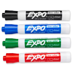 EXPO Low-Odor Dry-Erase Markers, Chisel Point, Assorted Colors, Pack Of 4