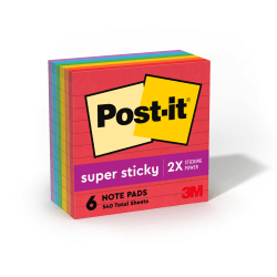 Post-it Super Sticky Notes, 4 in x 6 in, 5 Pads, 90 Sheets/Pad, 2x the Sticking Power, Canary Yellow, Lined