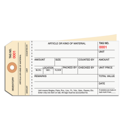 B O X Packaging Manila Inventory Tags, 2-Part Carbonless Stub Style, 500-999, Box Of 500