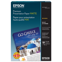 Epson Premium Presentation Paper, White, 13in x 19in, 50 Sheets Per Pack, 44 Lb, 97 Brightness