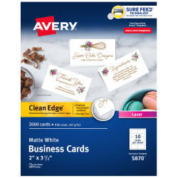 Avery Clean Edge Printable Business Cards With Sure Feed Technology For Inkjet Printers, 2in x 3.5in, White, 1,000 Blank Cards