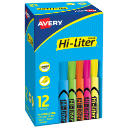 Avery Hi-Liter SmearSafe Highlighters, Chisel Tip, Desk-Style, Assorted, Pack Of 12 Highlighters