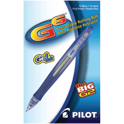 Pilot G-6 Retractable Gel Ink Rollerball Pens, Fine Point, 0.7 mm, Blue Barrel, Blue Ink, Pack Of 12