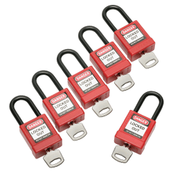 SKILCRAFT Keyed-Alike Plastic Lockout Padlock, 1 7/8in x 1 3/8in, Red, Pack Of 6