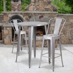 Flash Furniture Commercial-Grade Round Metal Indoor/Outdoor Bar Table Set With 2 Cafe Stools, 41inH x 30inW x 30inD, Silver