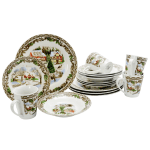 Gibson Home Christmas Toile 16-Piece Dinnerware Set, Bridge Scene