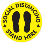 COSCO Social Distancing Stand Here Circular Floor Decals, 12in, Yellow, Pack Of 2 Decals