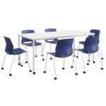 KFI Studios Dailey Table Set With 6 Caster Chairs, White Table/Navy Chairs