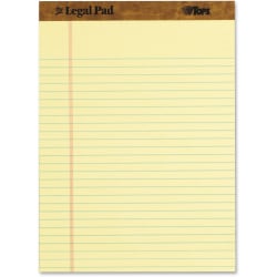 TOPS Legal Ruled Writing Pads - 50 Sheets - Stitched - Legal Ruled - 0.34in Ruled - Ruled - 16 lb Basis Weight - 8 1/2in x 11 3/4in - 0.60in x 11.8in8.5in - Canary Paper - Perforated, Chipboard Backing, Perforated, Acid-free, Sturdy Back, Heavyweight - 3