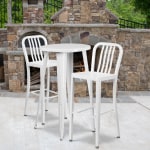 Flash Furniture Commercial Grade Round Metal Indoor-Outdoor Bar Table Set With 2 Vertical Slat Back Stools, 41inH x 24inW x 24inD, White