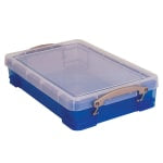 Really Useful Box Plastic Storage Container With Built-In Handles And Snap Lid, 4 Liters, 14 1/2in x 10 1/4in x 3 1/4in, Transparent Blue