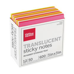 Office Depot Brand Translucent Sticky Notes, With Storage Tray, 3in x 3in, Assorted Colors, 50 Notes Per Pad, Pack Of 12 Pads