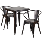 Flash Furniture Commercial-Grade Square Metal Table With 2 Arm Chairs, 29inH x 27-3/4inW x 27-3/4inD, Black/Antique Gold