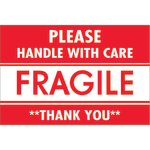 Tape Logic Preprinted Shipping Labels, DL2157, Fragile - Please Handle With Care - Thank You, Rectangle, 2in x 3in, Red/White, Roll Of 500