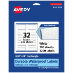 Avery Waterproof Permanent Labels With Sure Feed, 94214-WMF100, Rectangle, 5/8in x 3in, White, Pack Of 3,200