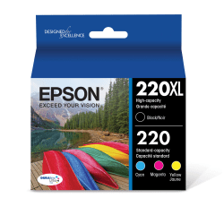 Epson 220XL/220 DuraBrite High-Yield Black And Cyan, Magenta, Yellow Ink Cartridges, Pack Of 4, T220XL-BCS