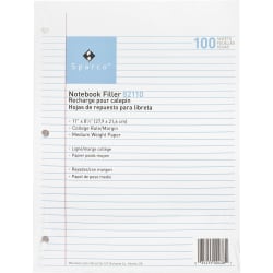 Sparco Notebook Filler Paper, 8-1/2in x 11in, College Rule, White, Pack of 100 Sheets