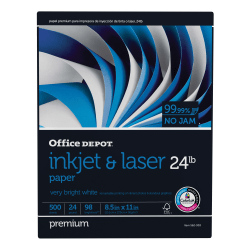 Office Depot Brand Inkjet & Laser Paper, Letter Size (8 1/2in x 11in), 24 Lb, 98 Bright, Ream Of 500 Sheets