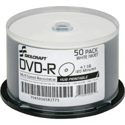 SKILCRAFT Inkjet Printable DVD-R Recordable Media With Spindle, 4.70 GB/120 Minutes, Pack Of 50 Pack