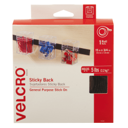 VELCRO Brand STICKY BACK Fasteners, 3/4in x 15ft, Black