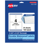 Avery Waterproof Permanent Labels With Sure Feed, 94127-WMF25, Rectangle, 4-3/4in x 3-1/2in, White, Pack Of 100