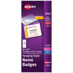 Avery Customizable Hanging Style Name Badges, 74520, 3in x 4in, White, Box Of 50