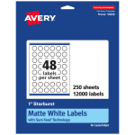 Avery Permanent Labels With Sure Feed, 94606-WMP250, Starburst, 1in, White, Pack Of 12,000