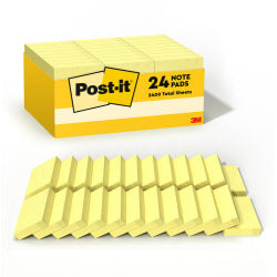 Post-it Notes, 1 3/8 in x 1 7/8 in, 24 Pads, 100 Sheets/Pad, Clean Removal, Canary Yellow