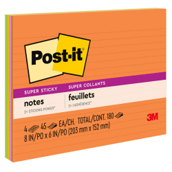 Post-it Super Sticky Notes, 8 in x 6 in, 4 Pads, 45 Sheets/Pad, 2x the Sticking Power, Energy Boost Collection, Lined