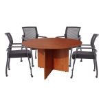 Boss Office Products 47in Round Table And Mesh Guest Chairs With Casters Set, Cherry/Black