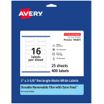 Avery Durable Removable Labels With Sure Feed, 94201-DRF25, Rectangle, 1in x 2-5/8in, White, Pack Of 400