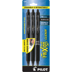 Pilot FriXion Clicker Erasable Gel Pens, Fine Point, 0.7 mm, Black Barrels, Black Ink, Pack Of 3