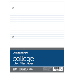 Office Depot Brand Notebook Filler Paper, Wide Ruled, 8in x 10 1/2in, 3-Hole Punched, White, Pack Of 150 Sheets