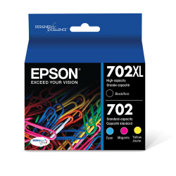 Epson 702XL/702 DuraBrite Ultra High-Yield Black And Tri-Color Ink Cartridges, Pack Of 2, T702XL-BCS