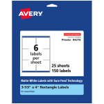 Avery Permanent Labels With Sure Feed, 94215-WMP25, Rectangle, 3-1/3in x 4in, White, Pack Of 150