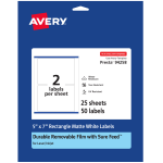 Avery Durable Removable Labels With Sure Feed, 94258-DRF25, Rectangle, 5in x 7in, White, Pack Of 50