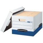 Bankers Box R Kive Heavy-Duty Storage Boxes With Locking Lift-Off Lids And Built-In Handles, Letter/Legal Size, 10in x 12in x 15in Liters, 50% Recycled, White/Blue