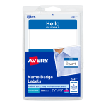 Avery "Hello My Name Is" Name Tags, 05141, 2-1/3in x 3-3/8in, White With Blue Border, 100 Removable Name Badges