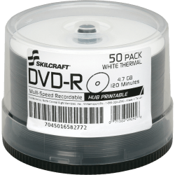 SKILCRAFT Laser Printable DVD-R Recordable Media With Spindle, 4.70 GB, 120 Minutes, Pack Of 50 Pack