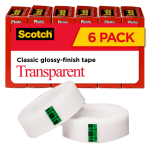 Scotch Transparent Tape, 3/4in x 1000in, Clear, Pack of 6 rolls