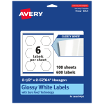 Avery Glossy Permanent Labels With Sure Feed, 94121-WGP100, Hexagon, 2-1/2in x 2-57/64in, White, Pack Of 600