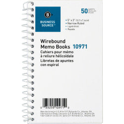 Business Source Side Wirebound Ruled Memo Book - 50 Sheet(s) - Wire Bound - 3in x 5in Sheet Size - White - 1 Dozen