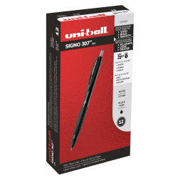 uni-ball 307 Retractable Gel Pens, Microtip Point, 0.5 mm, Black Barrel, Black Ink, Pack Of 12