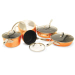 The Rock Cookware - 1.5 quart Saucepan, 3.1 quart Saucepan, 5.1 quart Stockpot, 10in Diameter Frying Pan, 11in Diameter Deep Frying, Lid - Stainless Steel Handle, Forged Aluminum Base, Copper - Cooking, Frying - Oven Safe - Bronze - Copper - 1 Piece