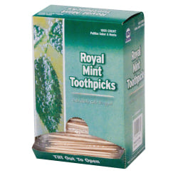 Royal Mint Cello-Wrapped Round Wood Toothpicks, 2 1/2in, Natural, 1,000 Toothpicks Per Box, Carton Of 15 Boxes