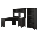 Bush Furniture Salinas 60inW L Shaped Desk with Hutch and 5 Shelf Bookcase, Vintage Black, Standard Delivery