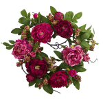 Nearly Natural Peony & Berry 20inH Plastic Wreath, 20inH x 20inW x 2inD, Pink